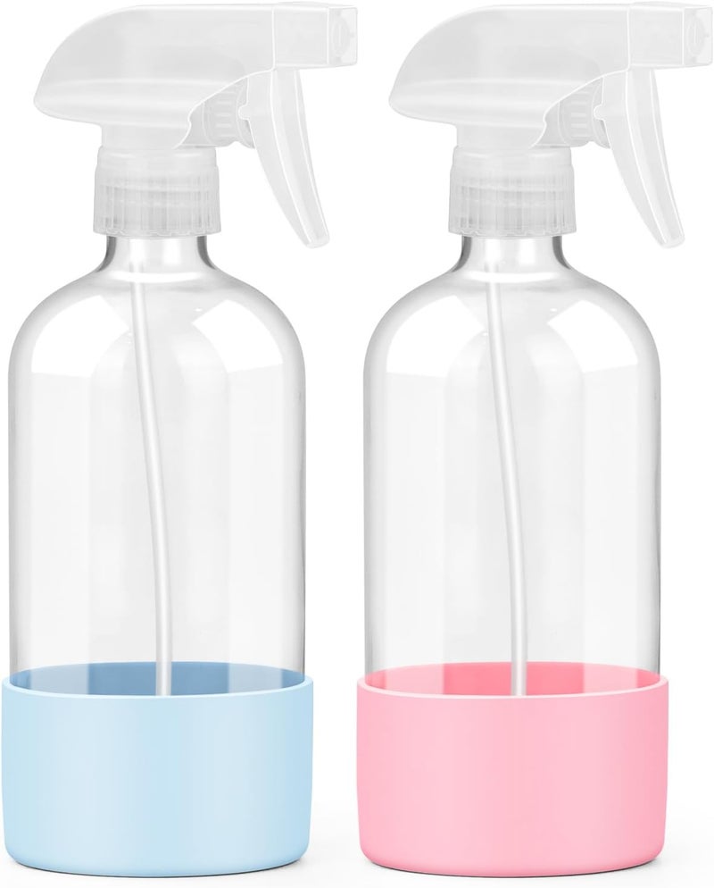 Worldgsb 2 Pack Glass Spray Bottles with Silicone Sleeve, 16 oz Empty Refillable Containers with Adjustable Spray Nozzles, Spray Bottles for Hair, Cleaning Solutions and Plants Blue&Pink - Image 1